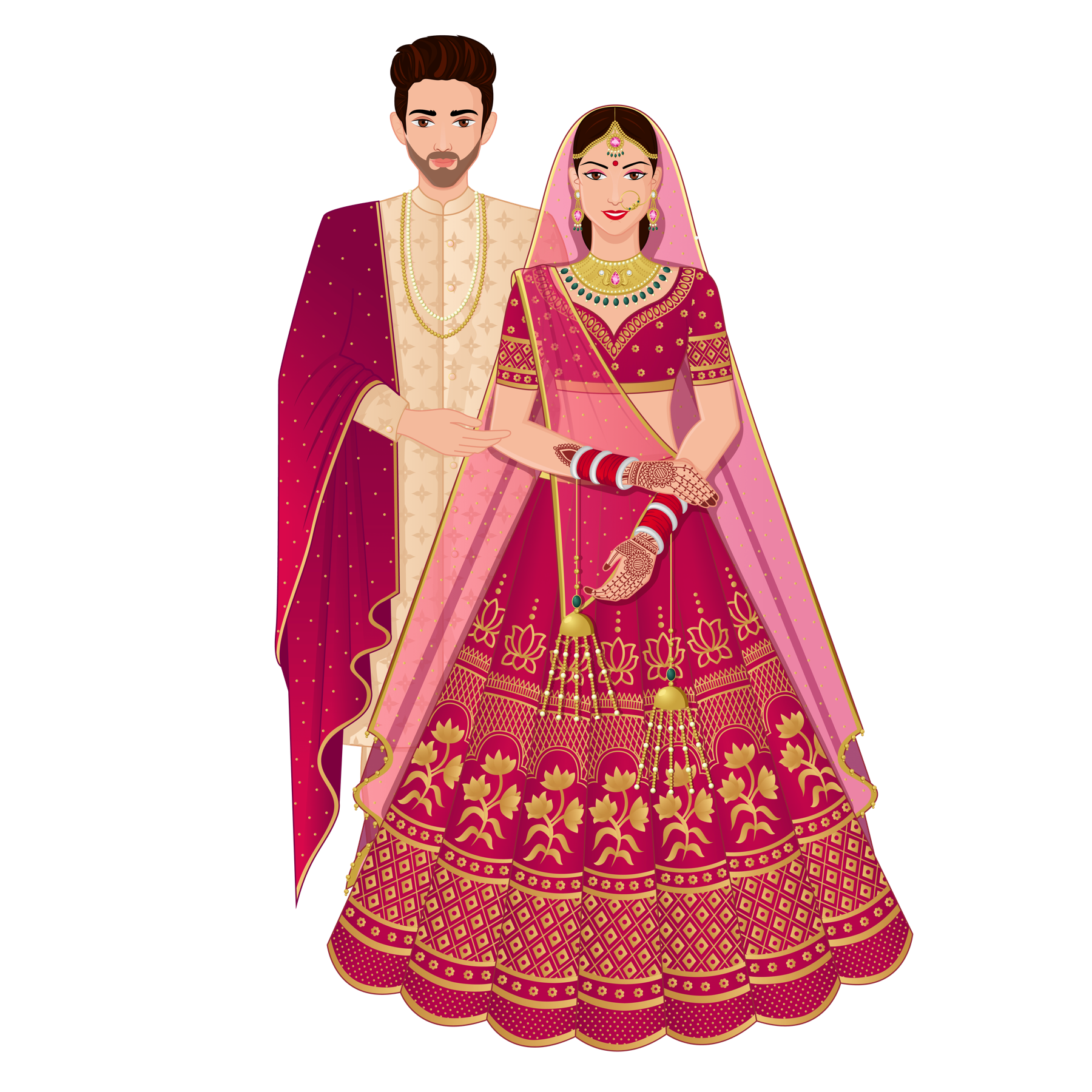 Illustration of an Indian wedding couple in traditional attire
